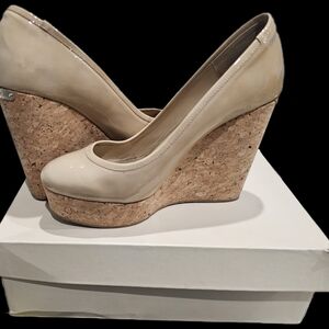 Jimmy Choo Beige Patent Cork Wedge Pumps